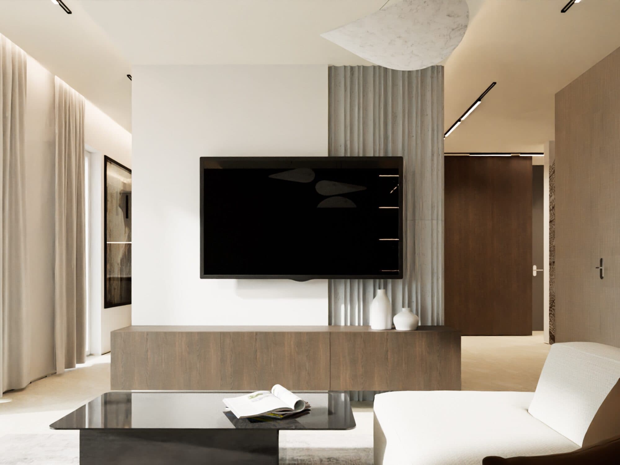 Nowoczesny apartament dwupoziomowy w Chorzowie — salon i ściana z betonowych paneli 3D