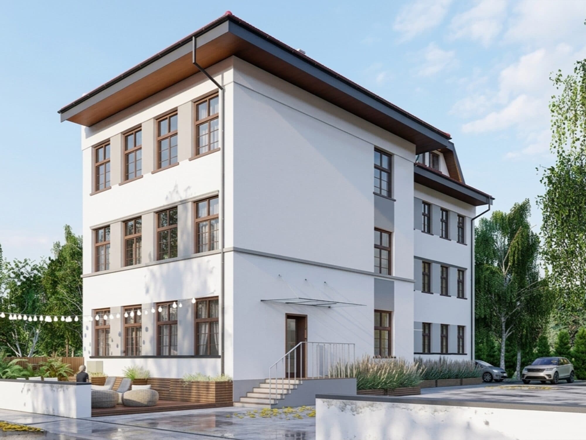 Hostel w Pyskowicach — wizualizacja elewacji z wejściem