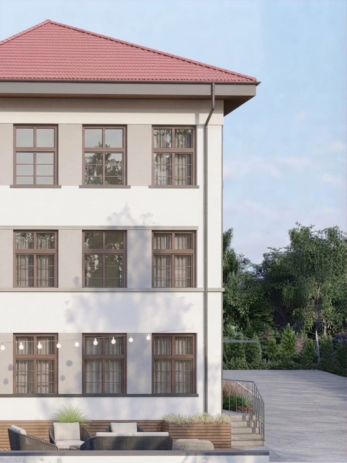 Hostel w Pyskowicach — wizualizacja elewacji z ogródkiem restauracji