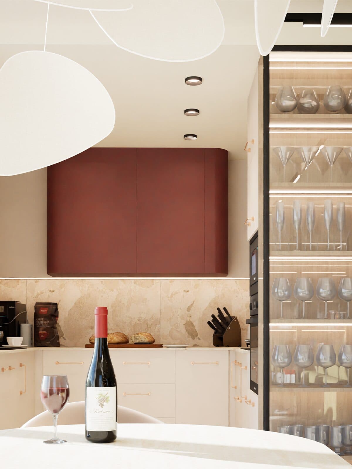 Kuchnia w apartamencie w Katowicach — burgundowa zabudowa górna nad blatem