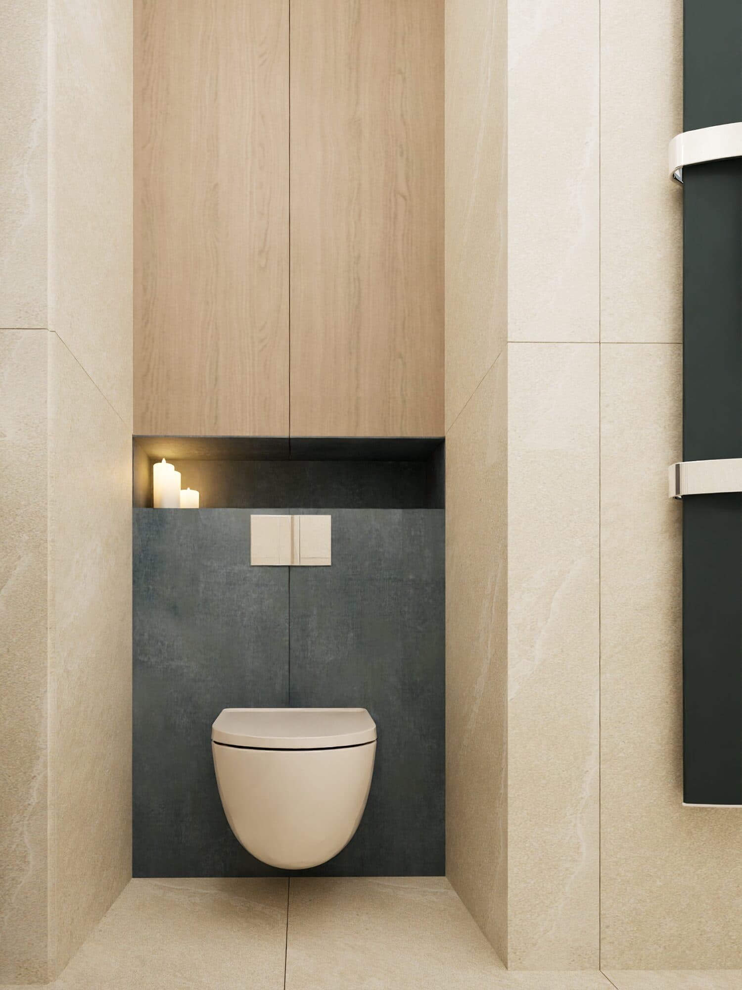 Młodzieżowa łazienka w apartamencie w Chorzowie — zabudowa nad miską WC