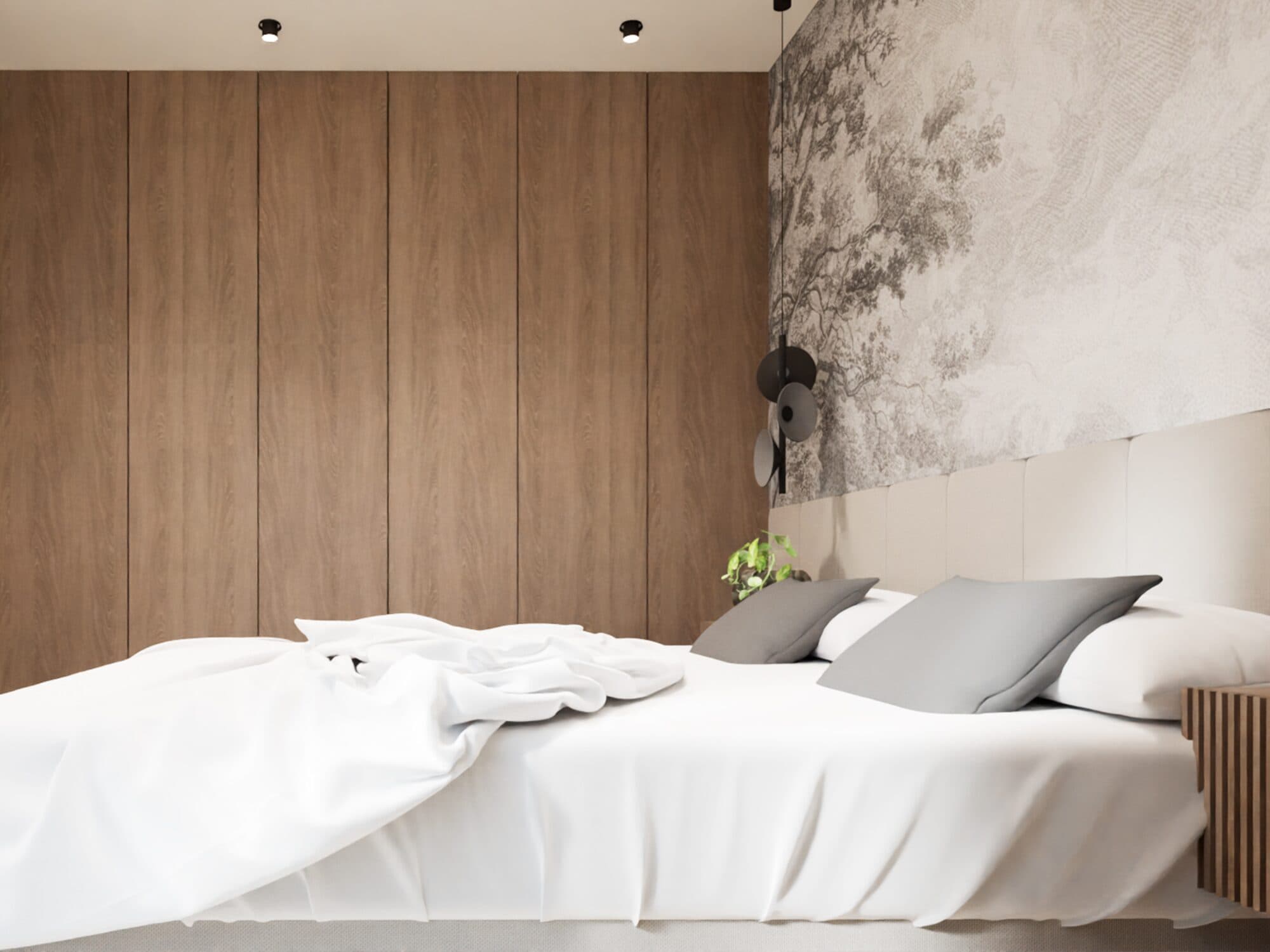 Sypialnia w nowoczesnym apartamencie w Chorzowie — drewniana zabudowa szafy
