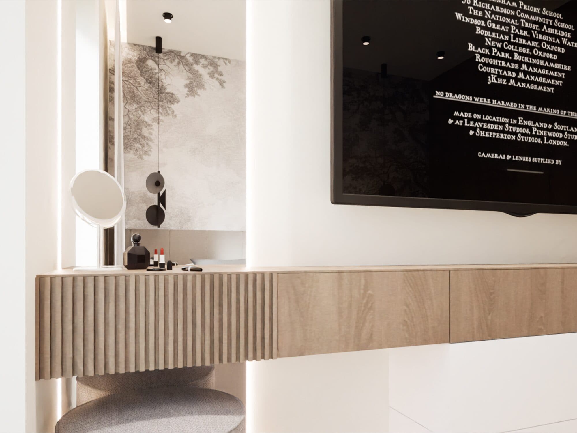 Sypialnia w nowoczesnym apartamencie w Chorzowie — toaletka z lustrem