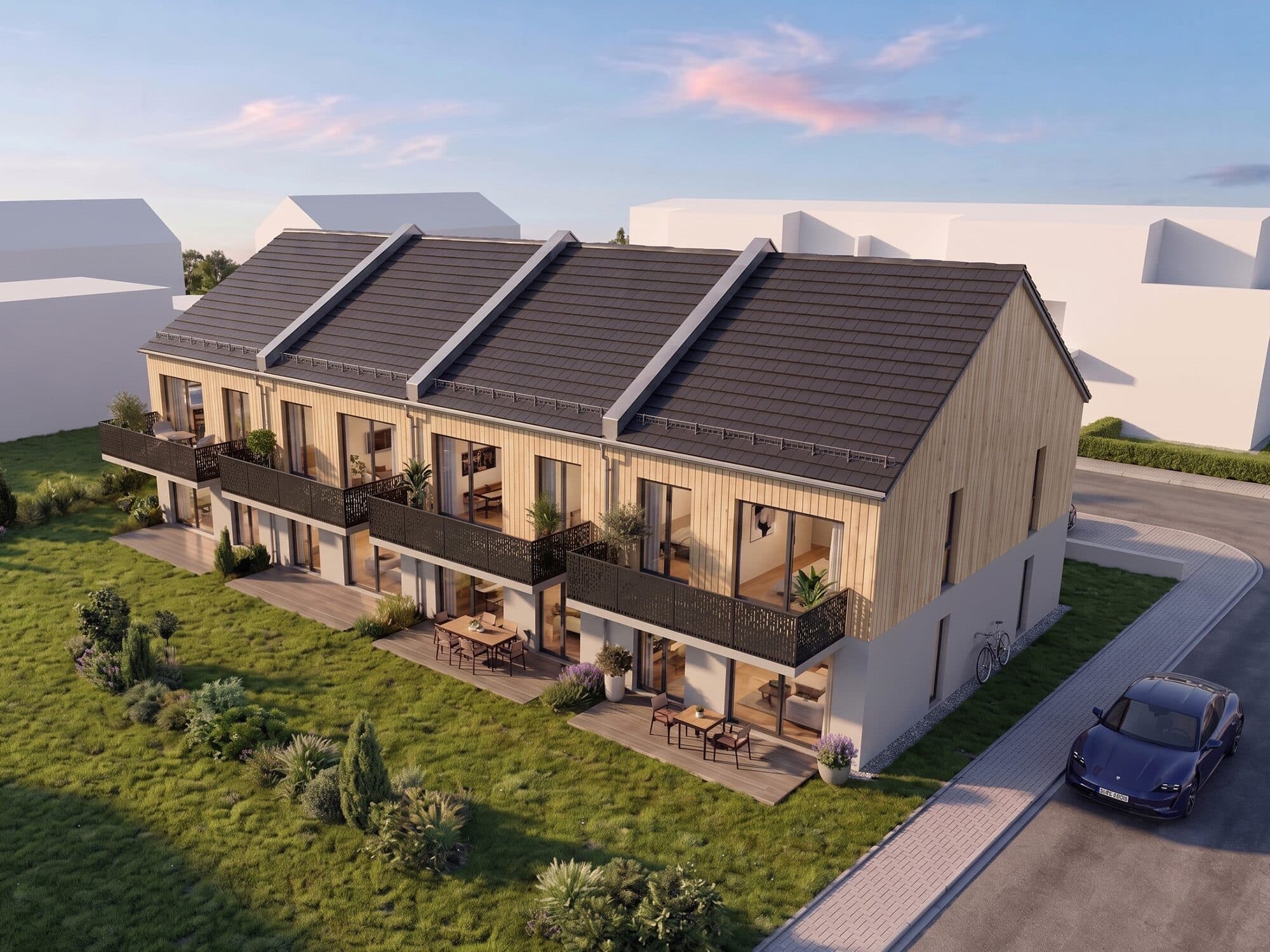 Zespół domów szeregowych w Dąbrowie Górniczej — widok z lotu ptaka na ogrody i balkony